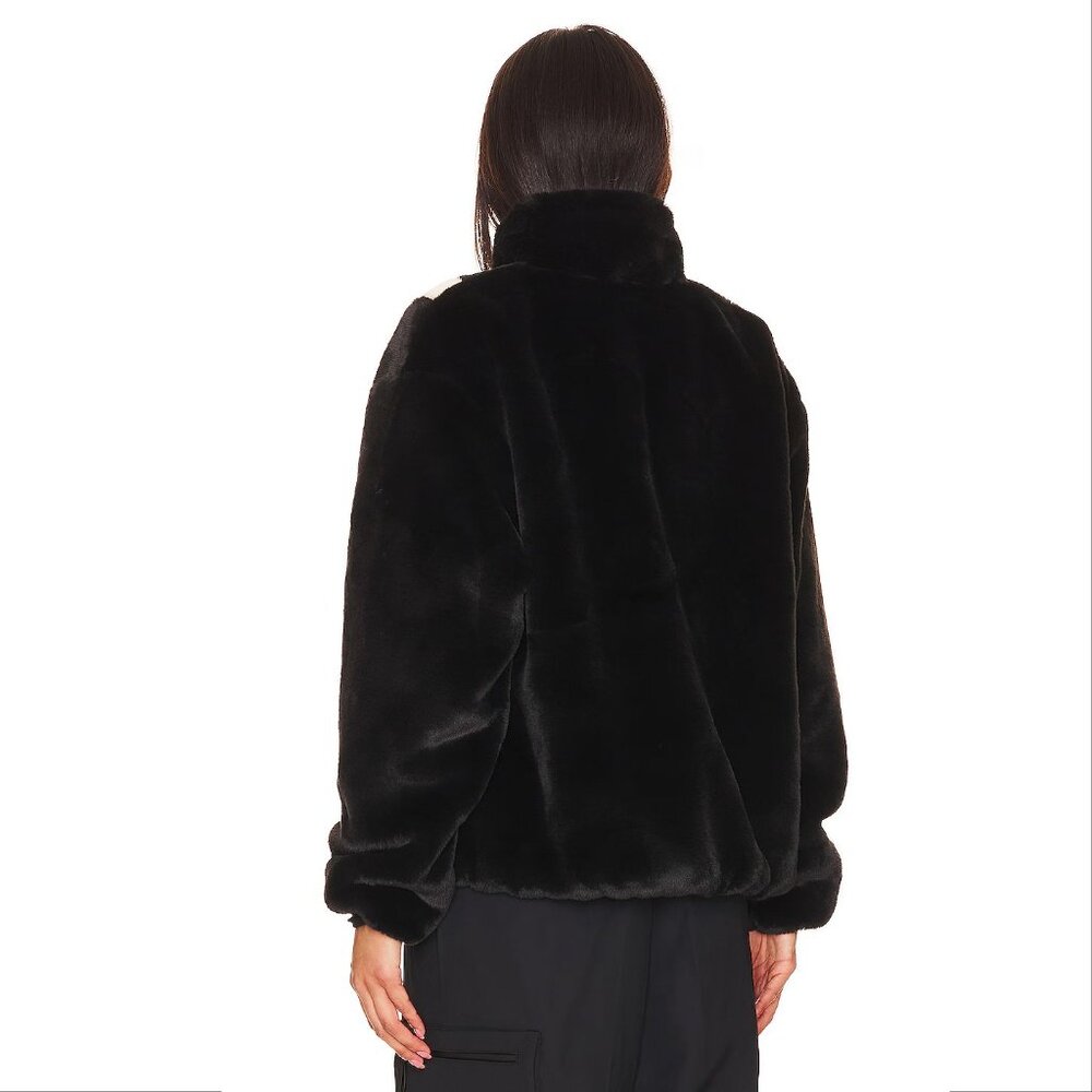 NIKE Faux Fur Plush Swoosh Teddy JACKET Size S Oversized Black Fossil Logo NEW - Picture 5 of 11